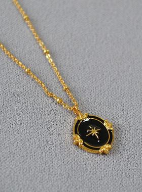 法式浪漫简约雅致黑色珐琅宫廷风天穹北极星椭圆吊坠项链锁骨链