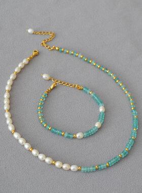 欧美复古森系清透湖蓝色真石淡水珍珠拼接混搭项链温婉气质手链