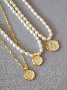 法式珠光白色珐琅淡水珍珠项链