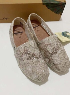 专柜玛丽正品23夏款平底镂空蕾丝帆布鞋透气懒人一脚蹬女鞋62358W