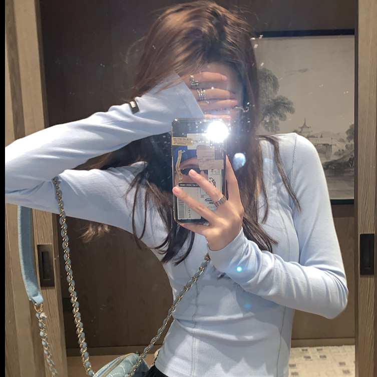 低领打底衫女内搭春秋新款洋气百搭长袖t恤修身显瘦u领鱼骨上衣潮