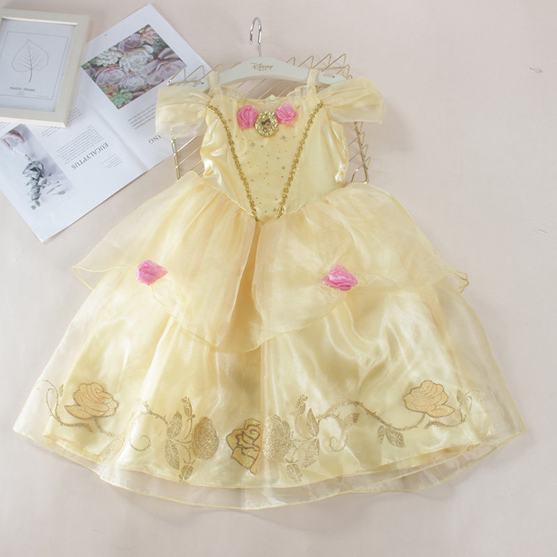 正版迪士尼公主裙夏季女童短袖连衣裙贝儿公主精致礼服裙生日送礼