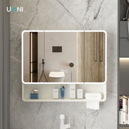 卫生间挂墙式带美妆镜柜太空铝圆弧形浴室镜柜单独智能灯光储物柜