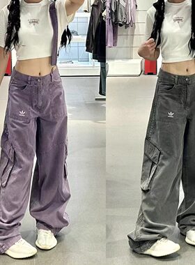 Adidas阿迪达斯三叶草女子复古多口袋背带牛仔长裤KH1179/KH1180