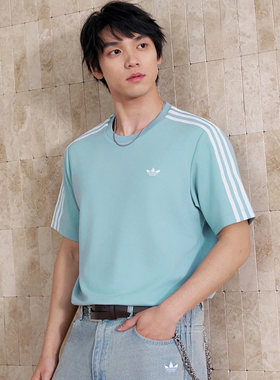 阿迪达斯26夏季新款男士圆领三条纹运动休闲短袖T恤KY8463/KY8464