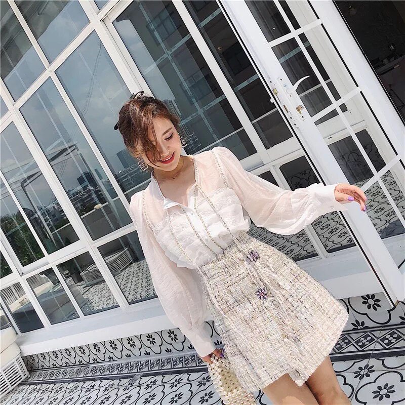 2018秋女欧洲站灯笼长袖 蕾丝花边白衬衫 小香风不规则半身裙套装