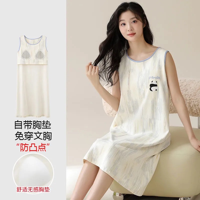 自带胸垫纯棉熊猫背心睡裙夏季女
