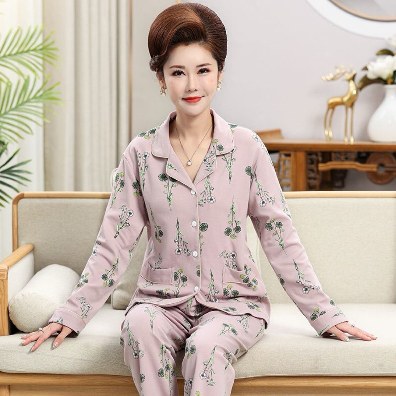 睡衣女士纯棉中年妈妈长袖春秋季全棉婆婆套装薄款中老年家居服夏