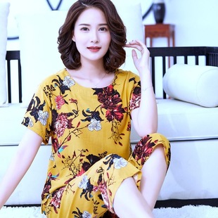 两件套家居服薄 妈妈棉绸睡衣女中老年人造棉夏季 绵绸短袖 套装 大码