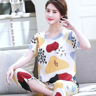 薄款 2024新款 两件套夏季 妈妈睡衣女士棉绸家居服套装 中老年人短袖