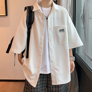 欧美华夫格白色短袖衬衫男款夏季休闲男士衬衣大码工装外套衣服奢