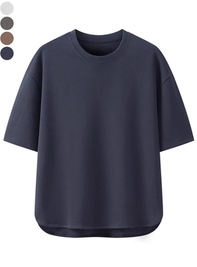 18319弧形开叉下摆圆领宽松型外贸男装百搭纯色休闲落肩短袖T恤