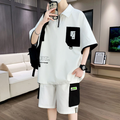 YIYJANGDE运动套装男款夏季连帽半袖t恤男青少年半拉链短袖短裤两