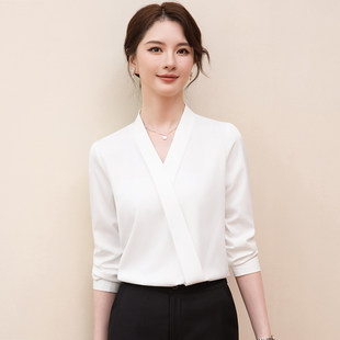 女春装 衬衫 V领上衣高级感职业通勤气质衬衣 内搭白色长袖 西装