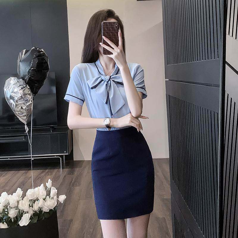 蓝色短袖衬衫女士衬衣新款空姐职业套装包裙酒店前台工作装夏