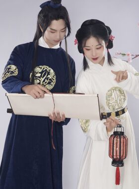 芫兮汉服兰佩唐制圆领袍秋冬男女同款情侣蓝白色绣花日常气质加绒