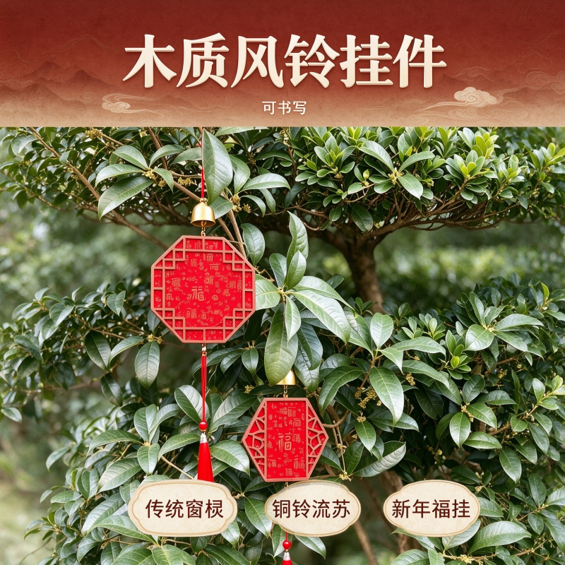 新中式百福风铃木制空白福卡挂件diy春节装饰万年红宣纸手写福字