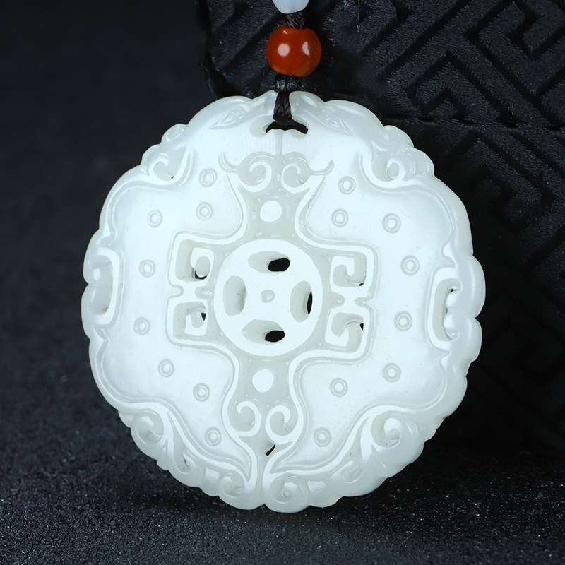 和田玉仿古双龙吊坠白玉镂空财源滚滚挂件玉坠玉牌子玉石招财腰坠