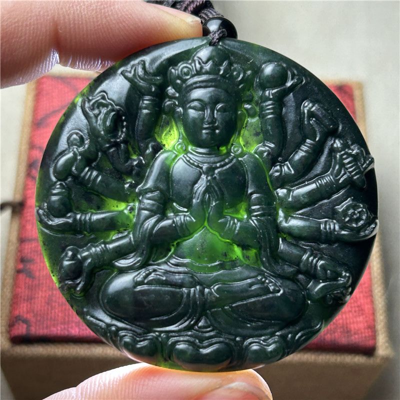 天然药王石千手观音吊坠玉石挂件项链保平安观音菩萨玉坠男女款
