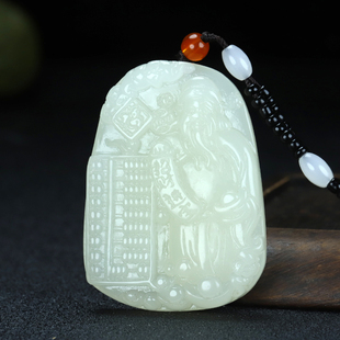 新疆和田玉财神吊坠挂件男女款白玉神算子玉坠福寿如意玉牌项链坠