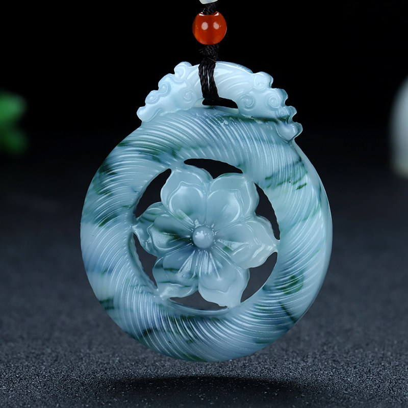 正品和田玉青花玉富贵花开吊坠玫瑰花挂件男女玉石项链玉佩毛衣链