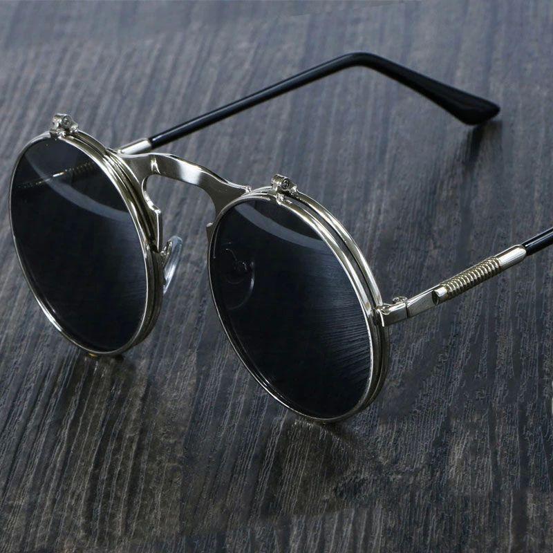 Retro Flip Round Sunglasses Man Woman Metal Steampunk Style