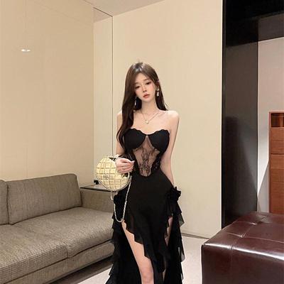 辣妹裙子超显身材的黑色连衣裙夜店晚礼服性感一字肩抹胸长裙