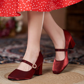 婚嫁鞋 玛丽珍粗跟法式 单鞋 女喜婆婆婚礼大码 红色妈妈婚宴鞋 子小码