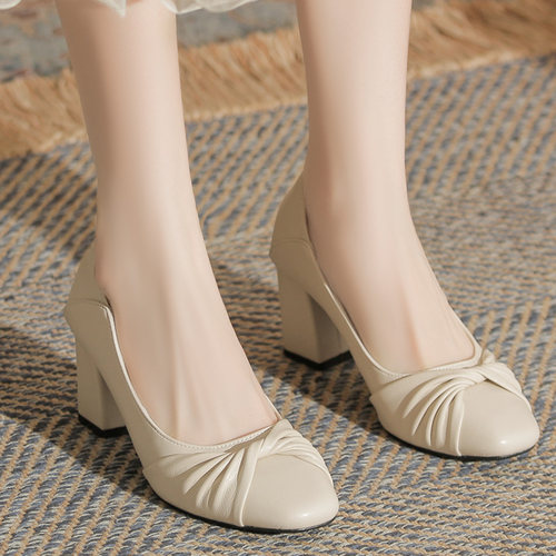 【31-43码】软皮粗跟高跟鞋方头