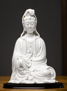 德化陶瓷自在观音佛像摆件白瓷坐观世音菩萨像家用玄关供奉工艺品