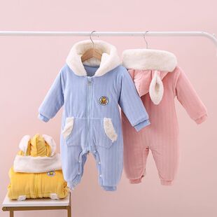 加绒长袖冬装连帽夹棉穿外出连体衣棉服男婴儿加厚哈衣女宝宝保暖