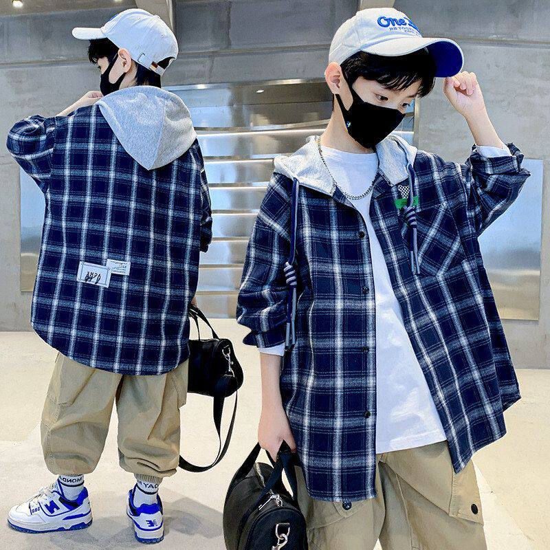 连帽2024男童外套春季男童潮款格子衬衫纯棉中大新款衬衣外套薄款
