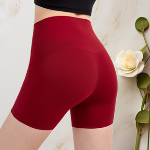三分瑜伽裤女高腰提臀红色紧身普拉提训练跑步运动瑜伽健身短裤女