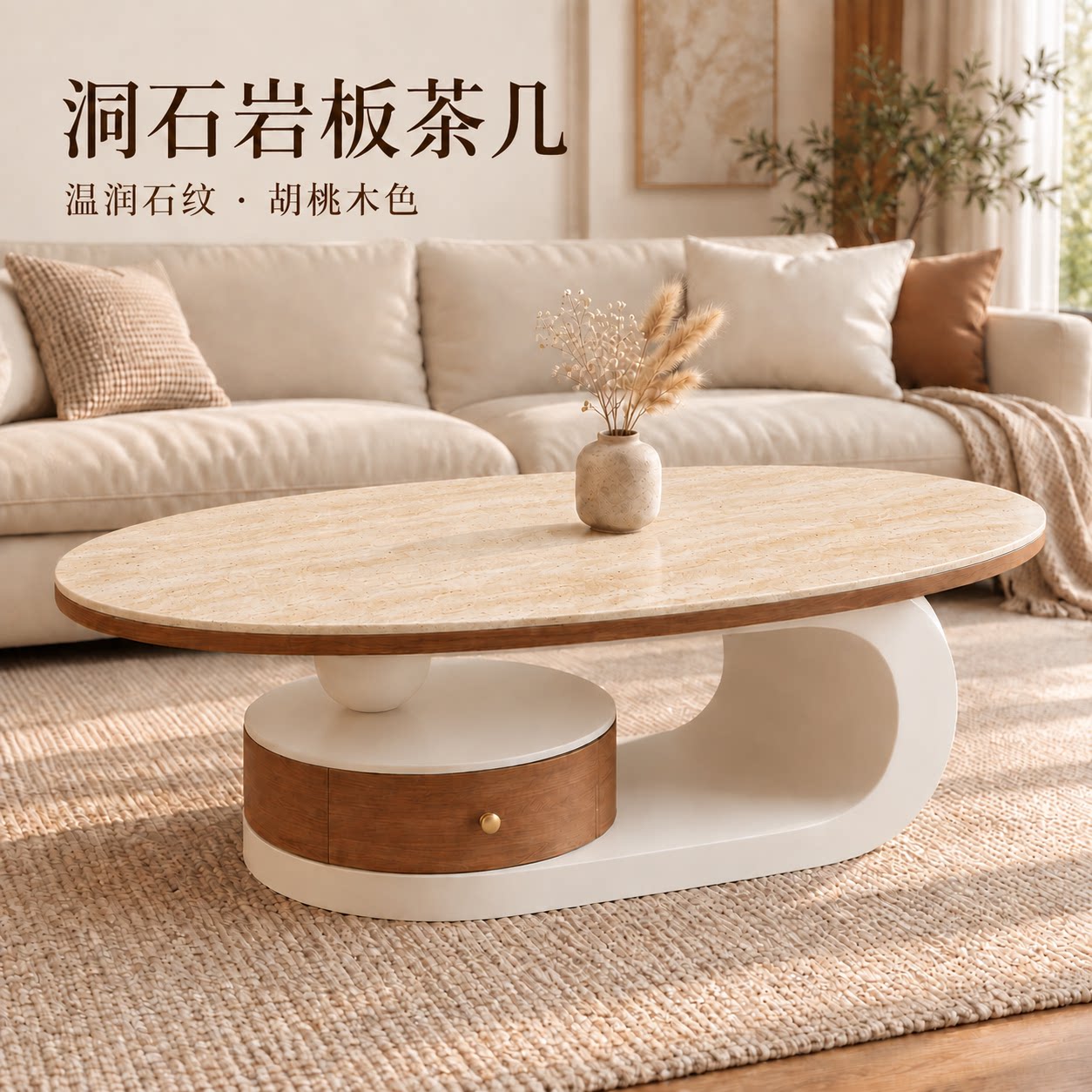 法式中古风椭圆形洞石储物茶几组合家用小户型客厅高级感艺术茶桌