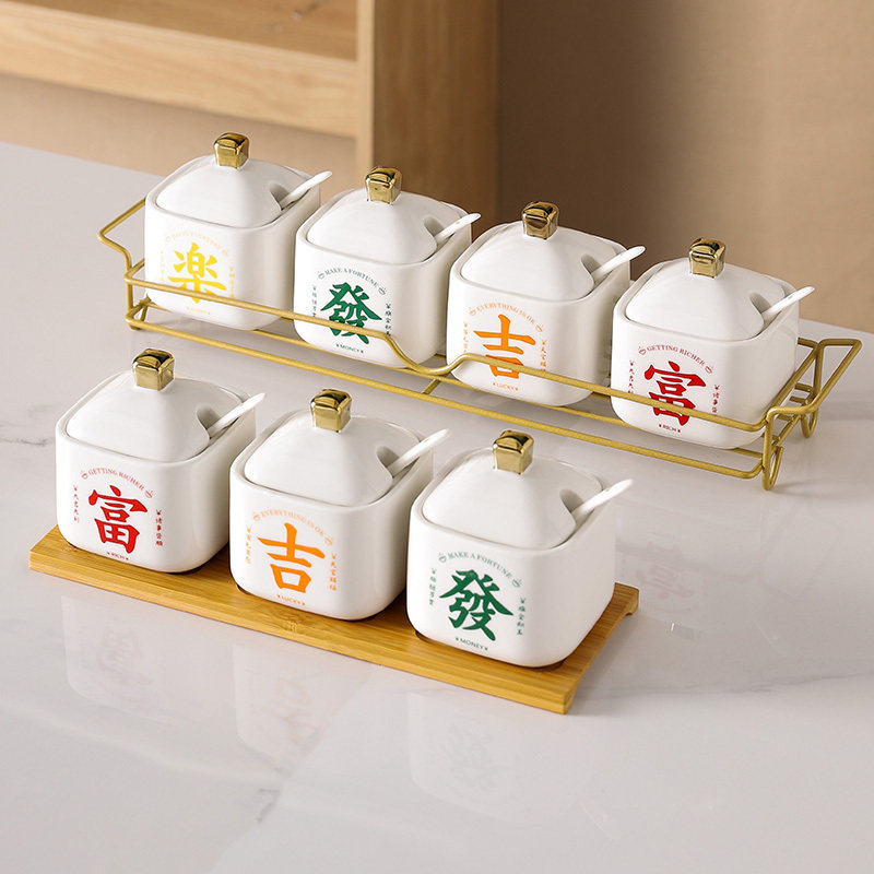 国潮风陶瓷调味罐盐罐家用厨房调味盒套装调味瓶盐缸辣椒收纳罐子