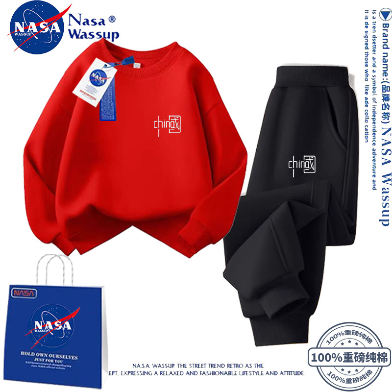 NASA联名亲子装红色卫衣一家四口中国风卫衣女班服活动服定制秋冬