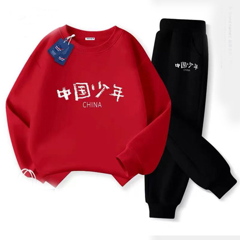 中国少年红色纯棉加绒卫衣