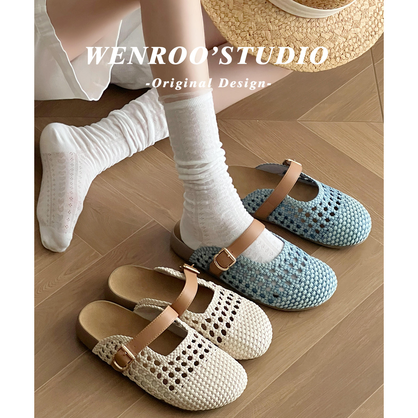 罗马风编织扣带包头勃肯鞋女外穿2026夏季新款蓝色复古厚底半拖鞋