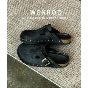 黑色水钻马毛厚底勃肯鞋女外穿2025秋季新款一脚蹬增高包头半拖鞋