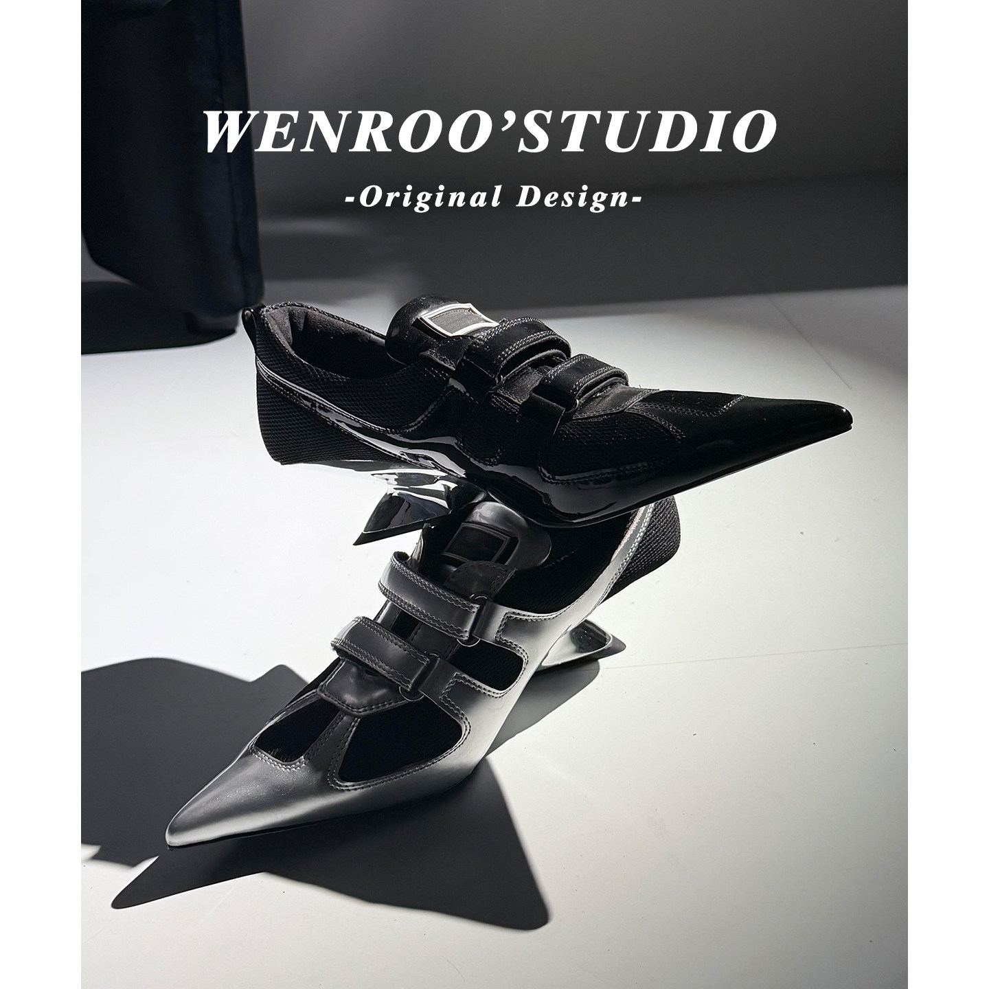 性感尖头魔术贴尖头拳击单鞋女春2026新款银色深口运动坡跟高跟鞋,女鞋,深口单鞋,淘宝优惠券,粉丝福利购,淘宝优惠卷