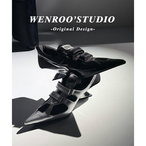 性感尖头魔术贴尖头拳击单鞋女春