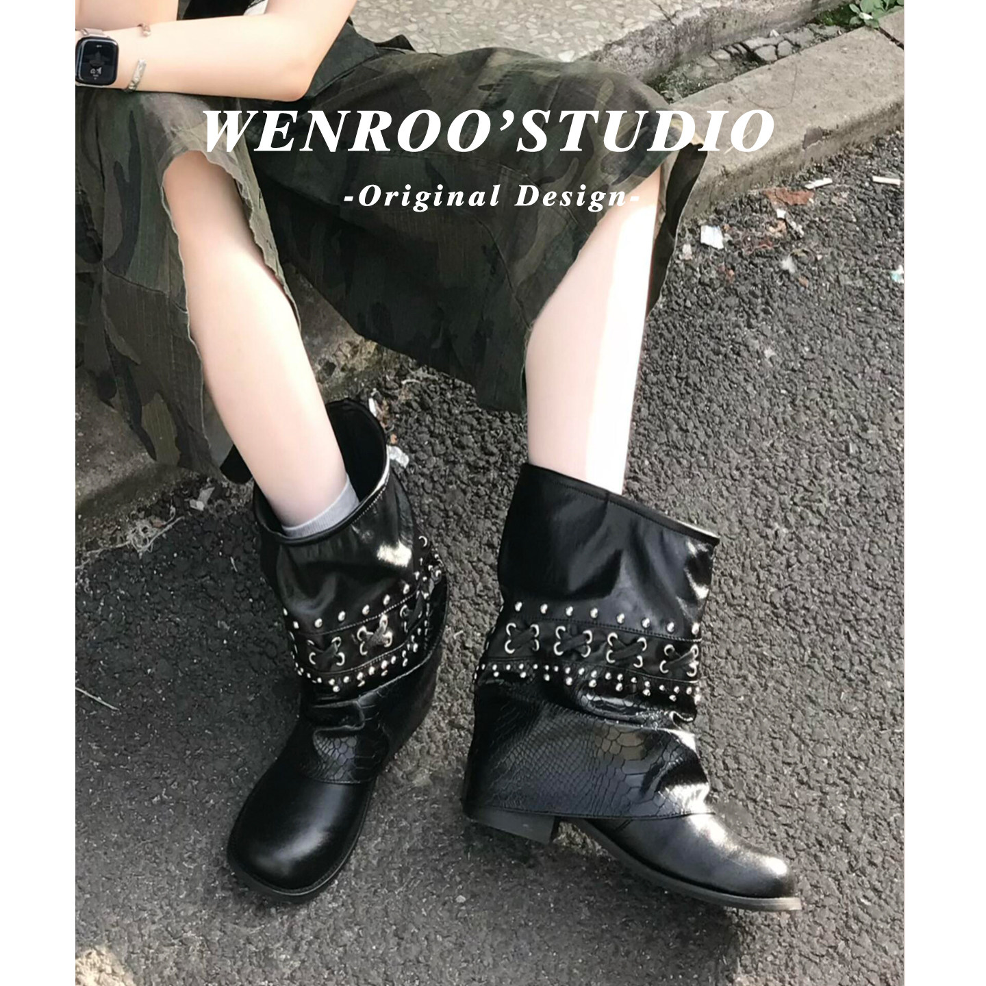 黑色高级感鳄鱼纹宽筒短靴女粗跟