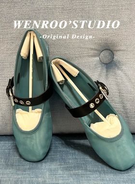 绿色复古皮带扣平底玛丽珍鞋女2026春季新款法式浅口圆头芭蕾单鞋