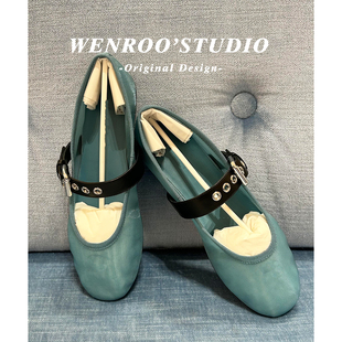 绿色复古皮带扣平底玛丽珍鞋女2026春季新款法式浅口圆头芭蕾单鞋