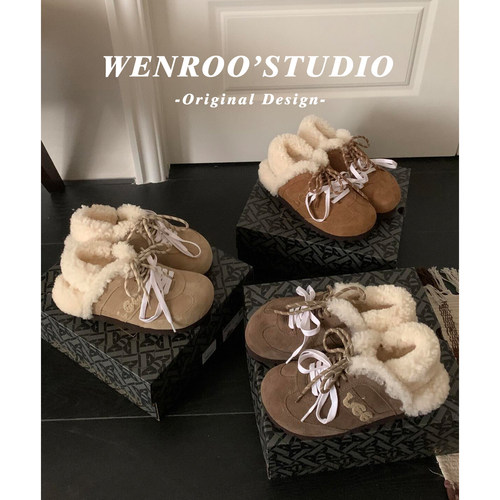 复古双系带后绊带勃肯棉鞋女外穿