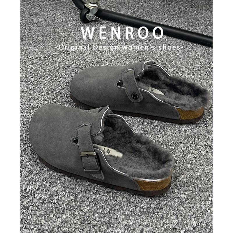 一脚蹬灰色真皮厚底加绒勃肯鞋女