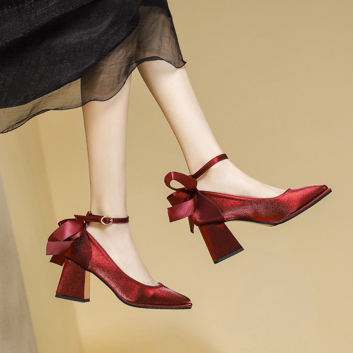 一字带方头高跟鞋女酒红色婚鞋禾秀婚纱两穿2025新款法式粗跟单鞋,女鞋,浅口单鞋,淘宝优惠券,粉丝福利购,淘宝优惠卷