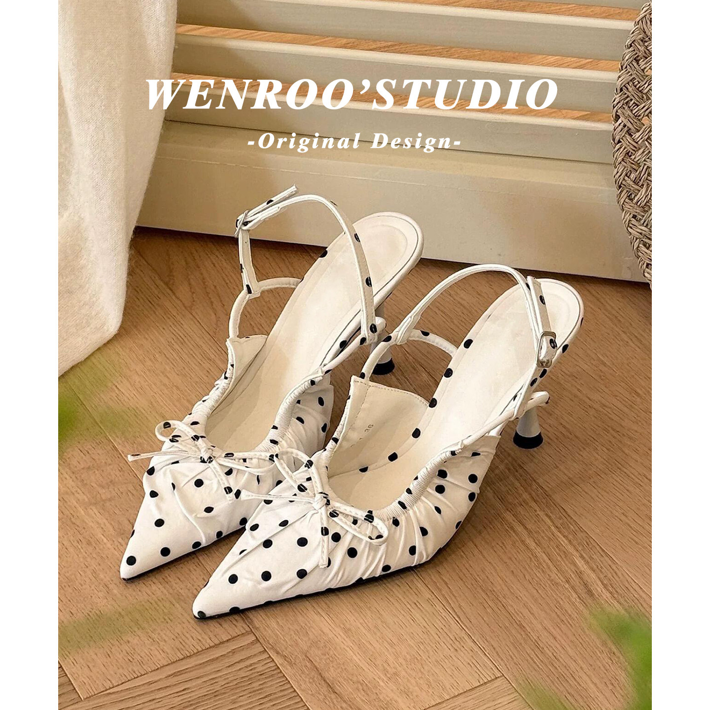 蝴蝶结尖头白色波点凉鞋女细跟2026夏季新款法式不累脚包头高跟鞋