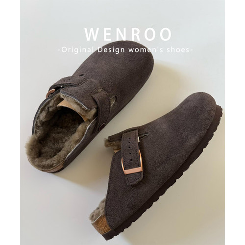 摩卡色加绒毛毛厚底勃肯拖鞋外穿