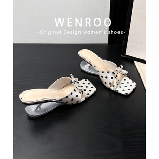 百搭海边高跟凉鞋 女夏外穿不累脚2026新款 蝴蝶结露趾一字拖鞋 法式